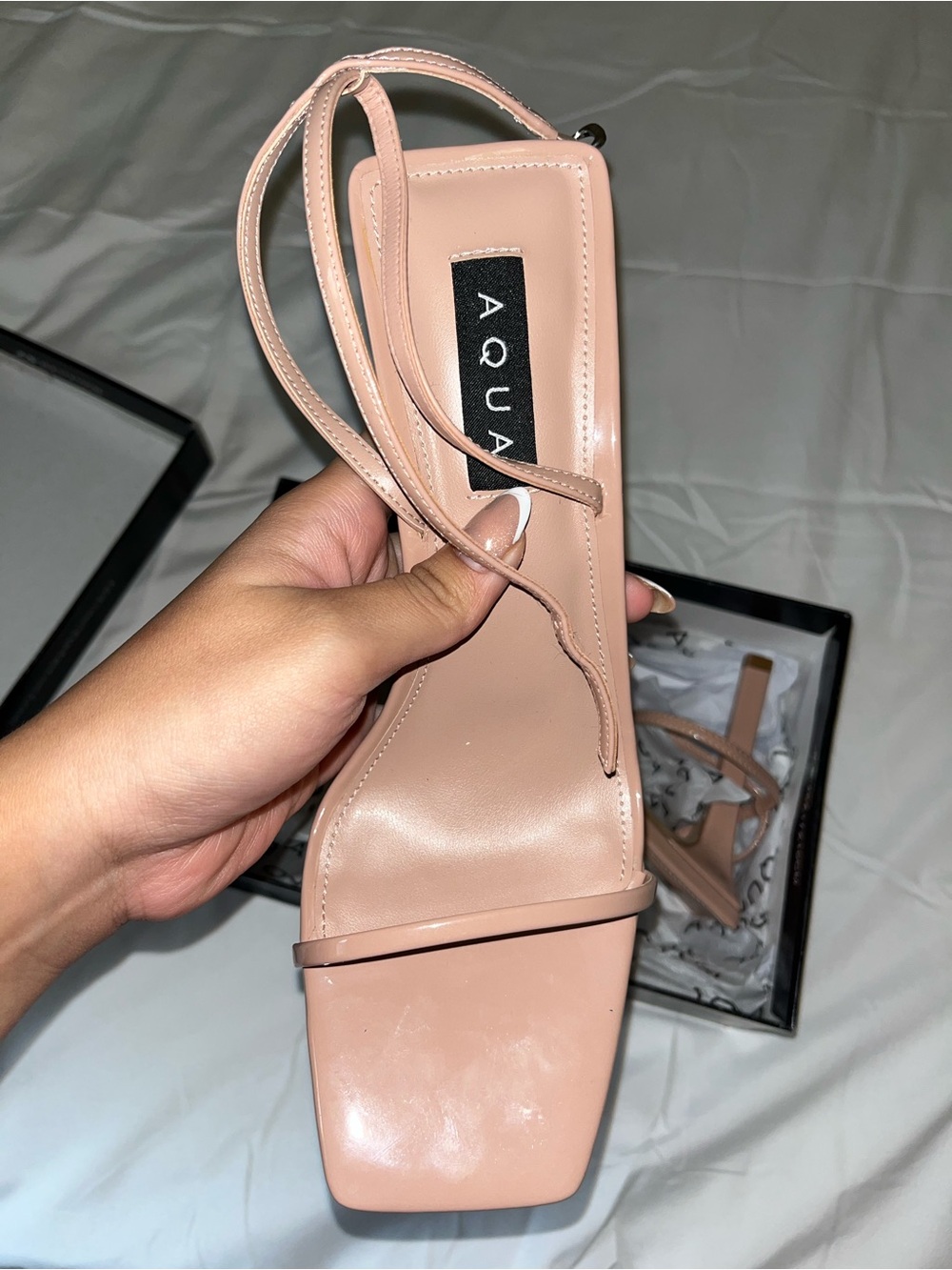 AQUA Nude Strappy Square-Toe Heel Sandal